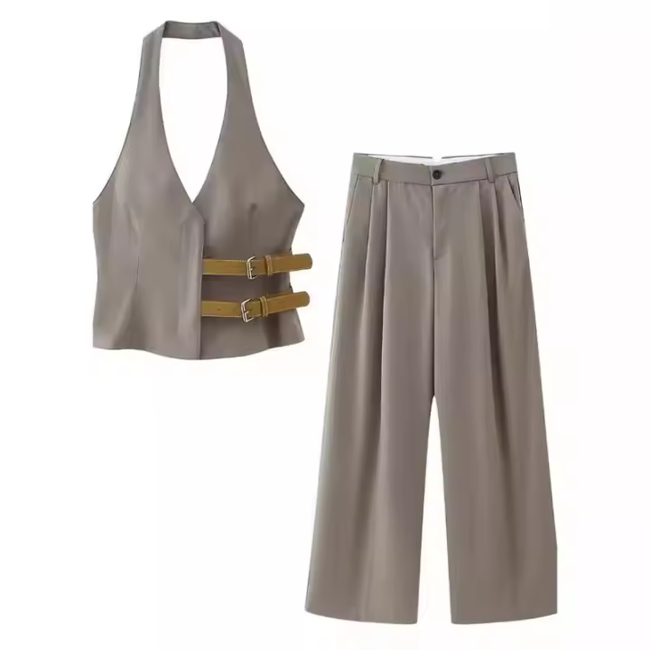 OUWU-Conjunto de moda para mujer, chaleco de cuello alto, pantalones sueltos, estilo americano y europeo, color Beige, novedad de primavera - 1