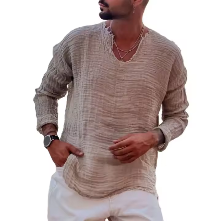 Camiseta Casual de Cuello en V para Hombres Manga Larga Color Sólido Ajuste Suelto Delgada - 1