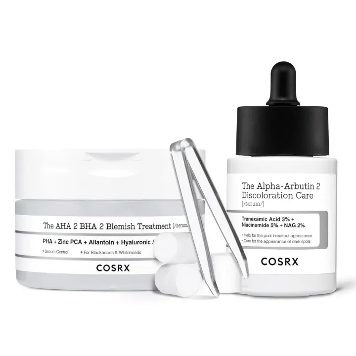 COSRX No Spot Left Behind Set - Tratamiento de imperfecciones AHA BHA + Suero facial para el cuidado de la decoloración con alfa arbutina al 2% - 1