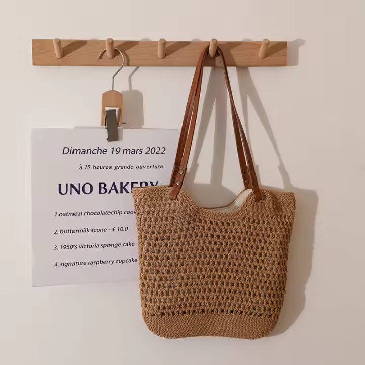 Bolso tejido de hilo de algodón de hombro hueco informal pequeño bolso de paja de mano de viento perezoso bolso de playa de vacaciones junto al mar bolso de mujer - 1