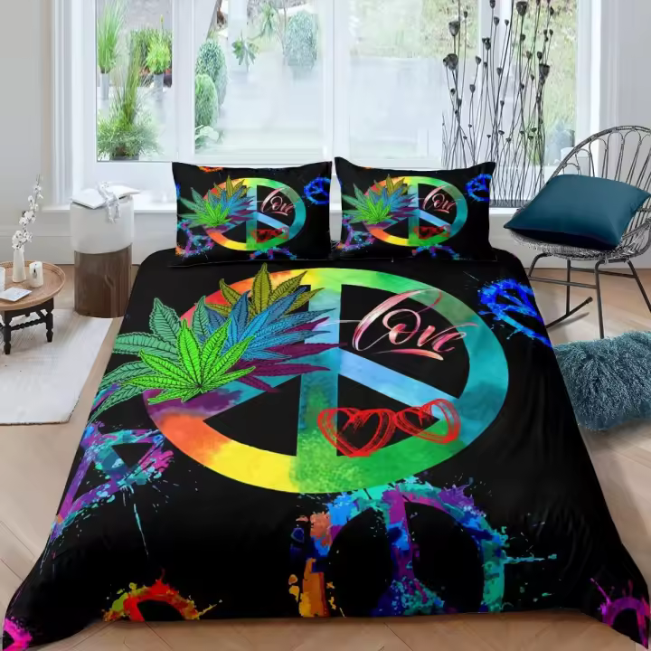 Funda de edredón con signo de la paz, juego de funda nórdica con diseño de Flower Power, funda de edredón de poliéster, juego de cama pastoral rural con funda de almohada, tamaño King Queen - 1