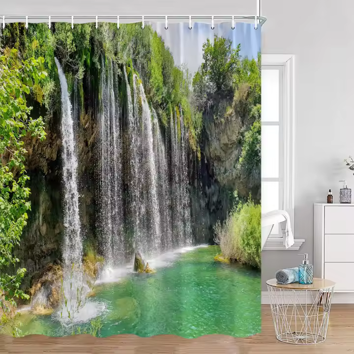 Cortina de ducha de paisaje Natural, bosque, cascada, naturaleza, vid verde, paisaje de lago, decoración de baño, cortina de baño de poliéster con gancho - 1