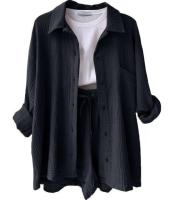 Conjunto de dos piezas para mujer, camisa de manga larga con cuello vuelto de tela arrugada, pantalones cortos con cordón de cintura alta, moda informal de talla grande - details 54