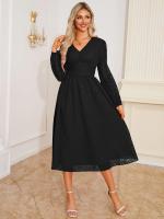 Vestido largo de manga larga con cuello en V para mujer, vestido elegante de corte en A, Color liso Vintage, estético, nuevo en oferta - details 16