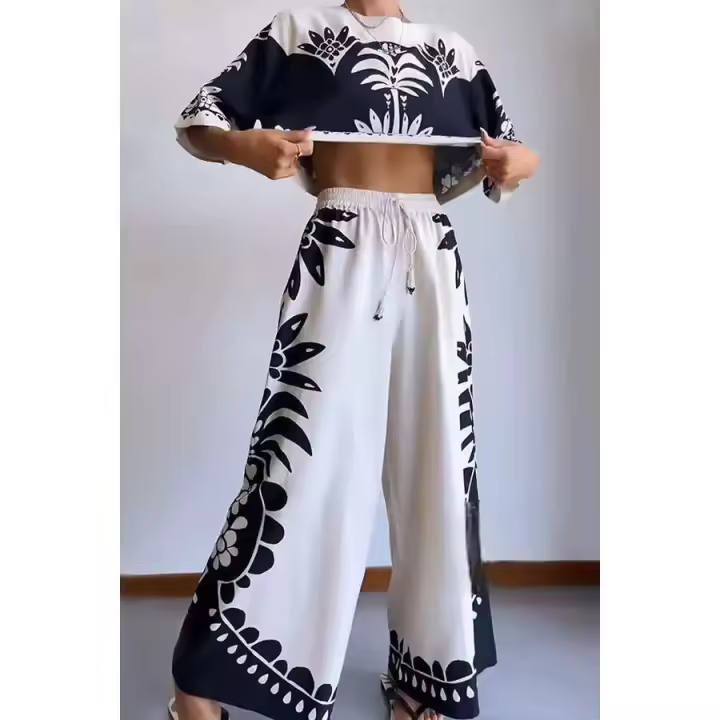 Conjunto Casual de Manga Corta con Estampado de Plantas Top Corto de Primavera-Verano - 1