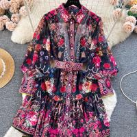 Minivestido playero de verano para mujer, Vestido holgado de gasa con mangas largas acampanadas y cinturón con estampado Vintage, con cordones, 6259 - details 6