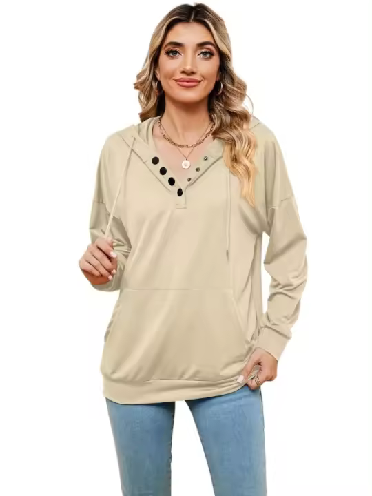 Sudadera con capucha informal para mujer, moda coreana para botones planos - 1