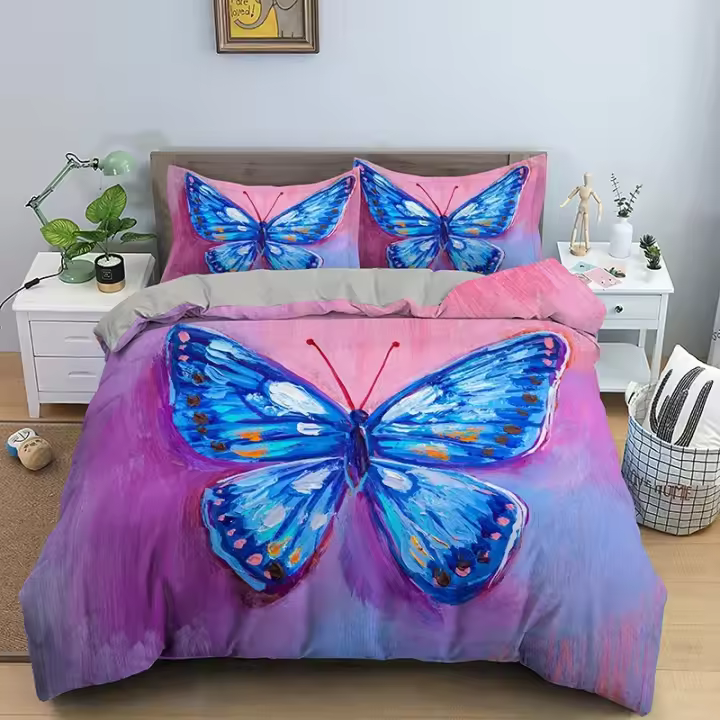 Juego de Ropa de Cama de Flores Florales de Mariposa Tamaño Rey-Reina Poliéster - 1