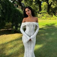 Vestido largo elegante con volantes y borde de encaje para mujer, vestido largo a la moda con cuello redondo y manga acampanada, vestidos largos ajustados para fiesta de verano 2025 - details 29