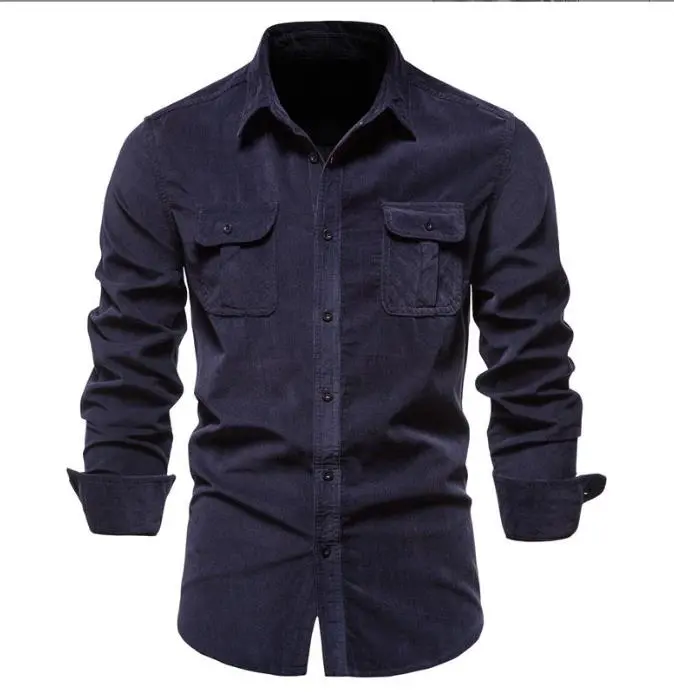 Camisa de pana con bolsillo para hombre, camiseta informal de manga larga, talla grande, otoño e invierno, 3XL, 2XL - 1