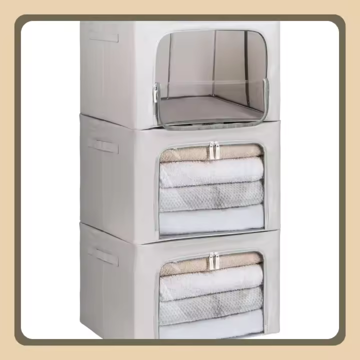 Cajas de Almacenaje de Ropa para Armario con Cremallera, Marco de Metal - [2024 MATERIAL MEJORADO] Almacenaje de Ropa Estable - Bolsa para Guardar Ropa, Mantas - Cajas Apilables - 3x66L - 1