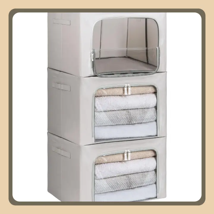 Cajas de Almacenaje de Ropa para Armario con Cremallera, Marco de Metal - [2024 MATERIAL MEJORADO] Almacenaje de Ropa Estable - Bolsa para Guardar Ropa, Mantas - Cajas Apilables - 3x66L - 1