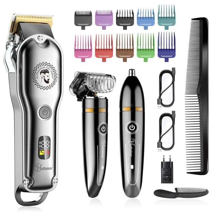 Kit Profesional de Cortapelos HATTEKER Rotativo, Sin Cable, Recargable, Impermeable IPX7, 3 Piezas para Barbería - 1