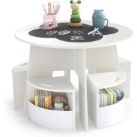 Juego de mesa y sillas para niños de 5 piezas, tablero de pizarra para escribir, mesa redonda apilable infantil con 4 taburetes de almacenamiento para actividades, arte, lectura (rosa) - details 9