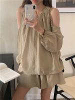 Blusa de verano a cuadros extragrande 2024 para niñas, traje de mujer, camisa de manga larga, pantalones de pierna ancha de cintura alta, trajes de dos piezas con pantalones cortos - details 2