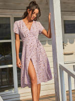 Elegante vestido de fiesta en la playa Serie A de manga corta, cuello en V bohemio, estampado floral de verano adecuado para mujeres - details 8