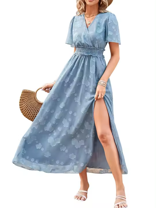Vestido Maxi de Verano Elegante Cuello en V, Manga Abullonada, Cintura Alta, Encaje, Vestido de Moda para Mujeres con Abertura de Rodilla - 1