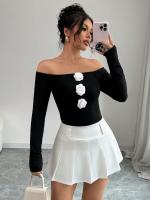 Nueva camiseta de mujer de manga larga con flores en 3D, sin tirantes, de un solo cuello, ajustada - details 1