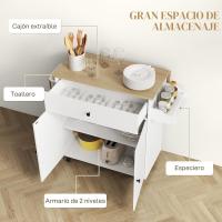 Carrito de cocina plegable, mueble auxiliar de cocina con ruedas, 2 puertas, cajón para especias, toallero y estante ajustable, 106x42x87 cm, blanco y roble - details 6