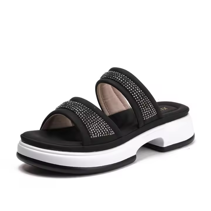 Sandalia sandalias con diamantes de agua, zapatos arrastrados con una palabra, novedad de verano 2025, estilo de tacón grueso con pendiente inferior, zapatillas frescas con punta abierta para - 1