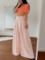 Women casual 2 pieces set elegant v neck short sleeve tops and print wide leg pants - details 7