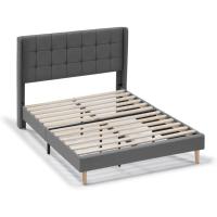 Estructura de cama tapizada con cabecera, base tapizada para colchón, somier de láminas de madera, fácil montaje, color gris claro. - details 3