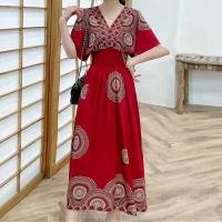 Casual bohemio estilo nacional con cuello en V cintura elástica gran Swing impreso verano Falda larga mujer vestido ropa - details 27