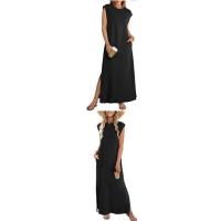 Vestido largo sin mangas con cuello redondo y abertura lateral en color versátil para mujer 2025. - details 6