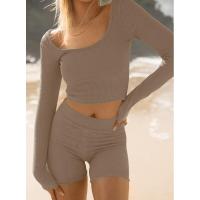 BUNO-Conjunto de ropa de estar por casa para mujer, tops ajustados de manga larga y pantalones cortos de motorista, 2 piezas, verano, 2025 - details 36
