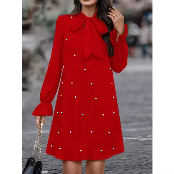 Vestido de color sólido de manga larga con cuentas de uñas con cordones para mujer de principios de primavera - 1