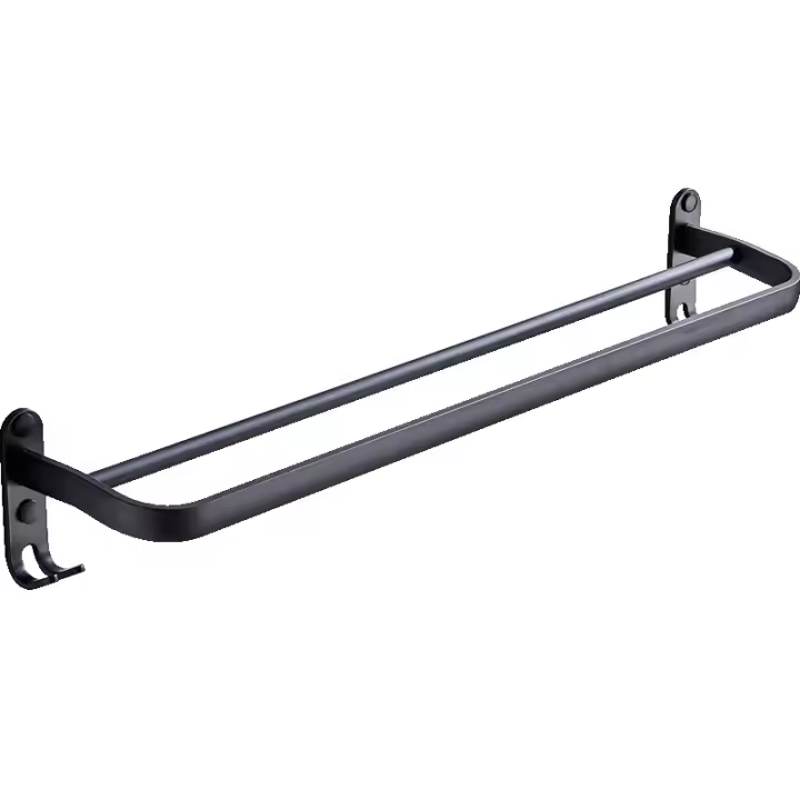 Perchero de Toallas Negro de Pared Barra de Doble Varilla de Aluminio con Gancho 60 cm - 1