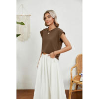 BUNO-2025 Tops para mujer, pantalón corto informal de moda de verano, camisetas básicas con textura a rayas de Color sólido y cuello redondo - details 22