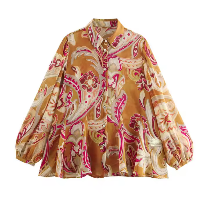 OUWU- Nueva llegada de primavera camisa de mujer estampado Floral manga larga cuello translúcido Vintage estilo francés elegante señora abotonada - 1