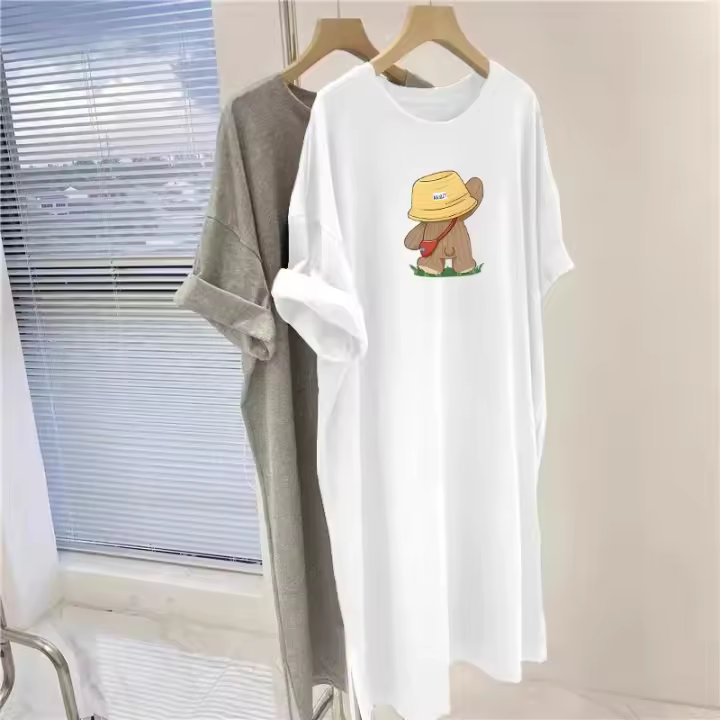 Vestido camisero de manga corta con dibujos animados de talla grande para mujer, vestido informal holgado de verano de longitud media hasta la rodilla, cómodo y transpirable - 1