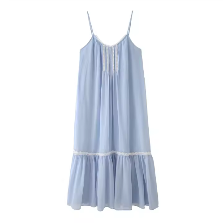 PB & ZA 2025, vestido holgado informal de encaje de color contrastante con tirantes, falda larga, novedad de verano, ropa de mujer - 1