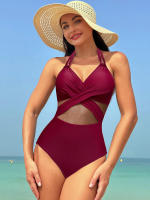 Elegante Traje de Baño Monokini de Colores Sólidos Cuello Halter para Mujeres Malla de Parche - details 5