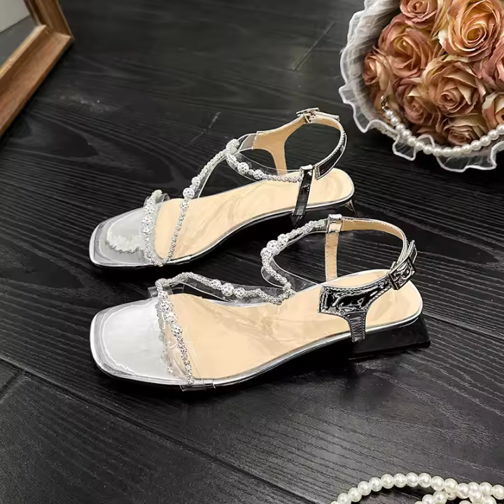 Sandalias Planas de Diamante Llamativo Estilo de Hada con Tacón Grueso Tamaño Pequeño - 1