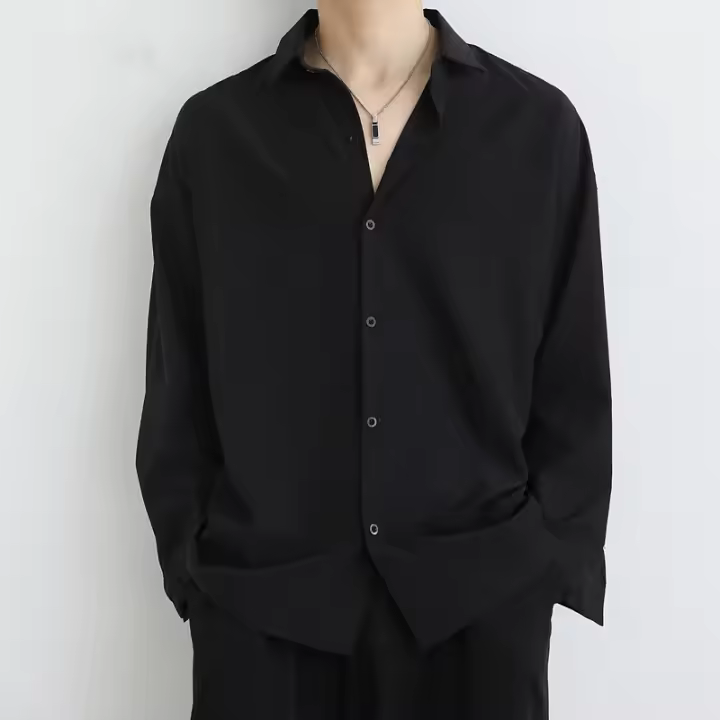 Camisa de Seda de Hielo Suelta para Hombres Manga Larga Tendencia de Otoño Ropa Casual Elegante - 1
