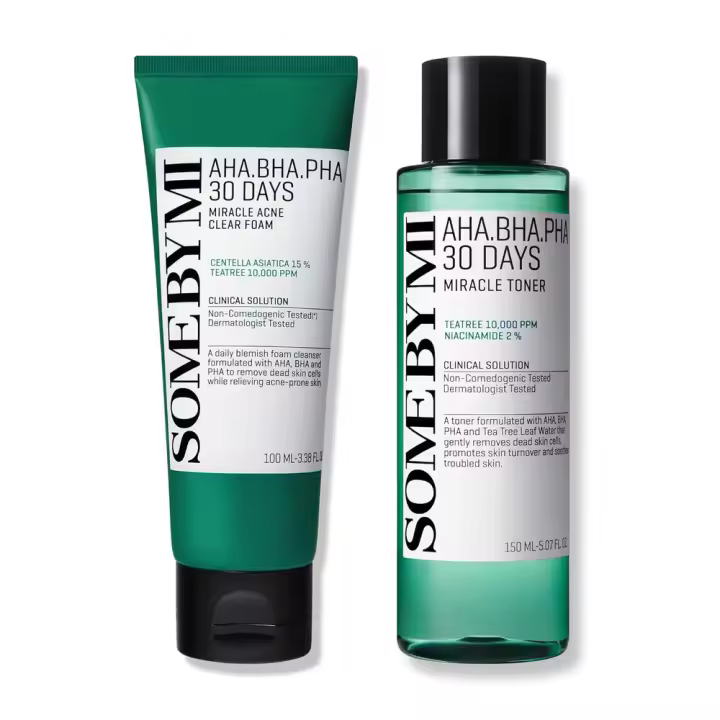 SOME BY MI AHA BHA PHA Espuma transparente milagrosa para el acné de 30 días + 3.38Oz+5.07Oz Hecho de tóner de lavado facial diario sensible a las hojas de árbol de té - 1