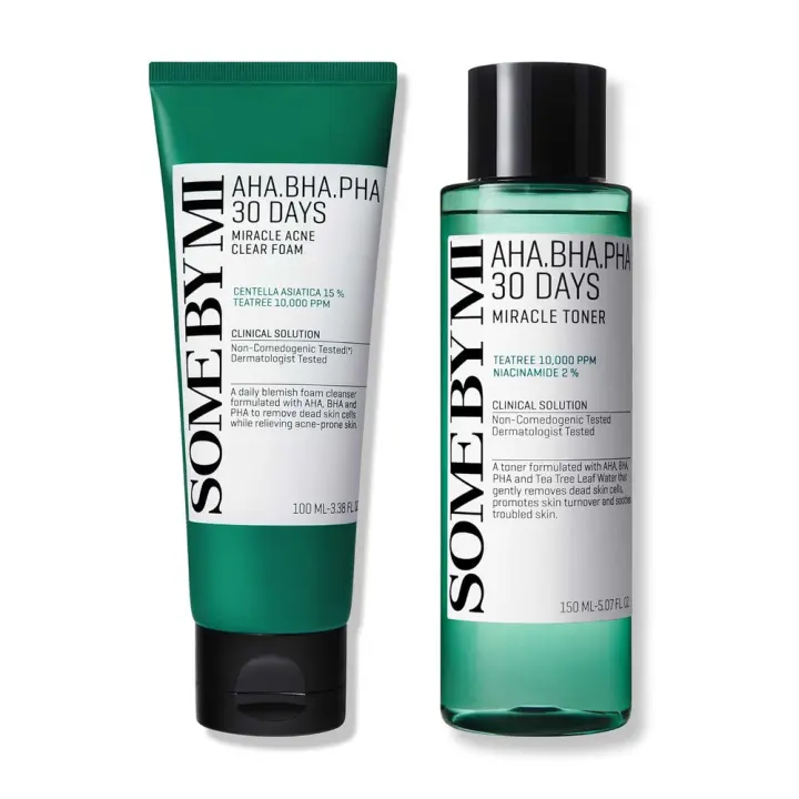 SOME BY MI AHA BHA PHA Espuma transparente milagrosa para el acné de 30 días + 3.38Oz+5.07Oz Hecho de tóner de lavado facial diario sensible a las hojas de árbol de té - 1