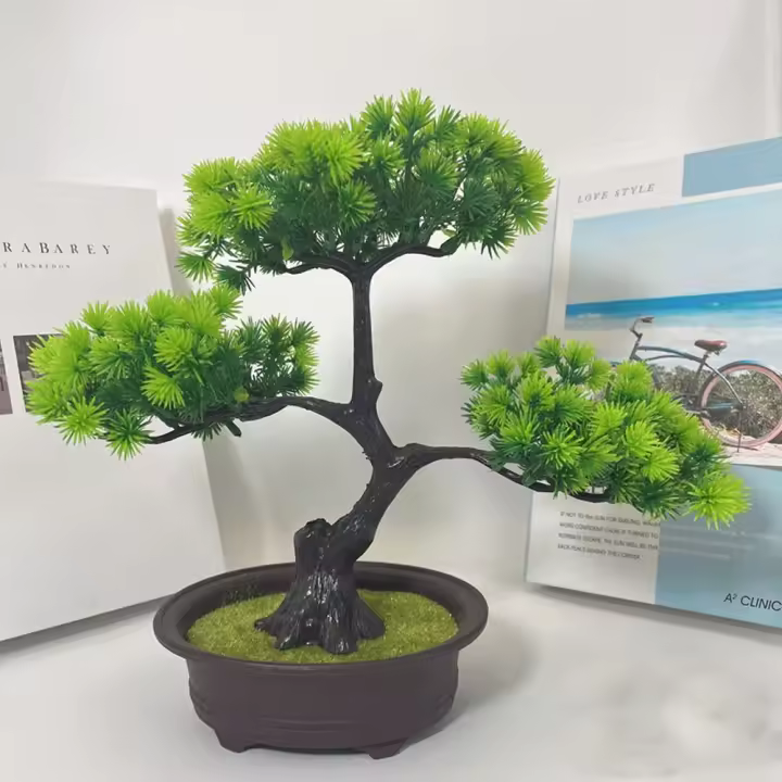 Bonsái de plantas de pino artificiales realistas, árbol falso hecho a mano, simulación de pino con maceta, plantas bonsái artificiales de plástico - 1