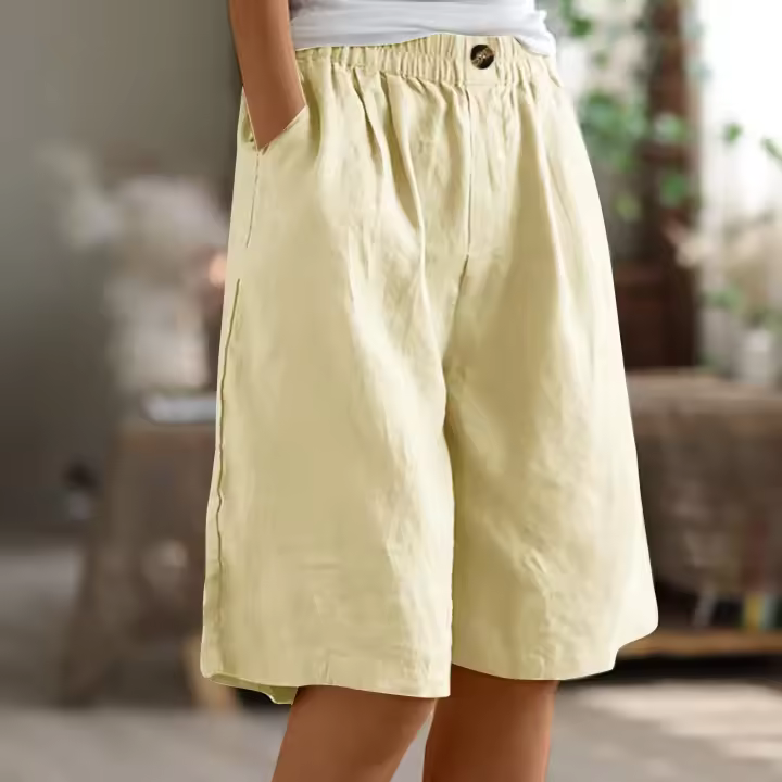 Pantalones Cortos de Lino y Algodón para Mujer Color Sólido, Cintura Suelta, Bolsillo, Botón, Moda Casual - 1