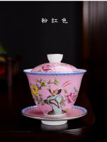 Juego de té de kung fu de cerámica chapado en oro pintado a mano con flores pintadas en polvo Dehua, cuenco de tres piezas, cuenco cubierto de esmalte - details 17