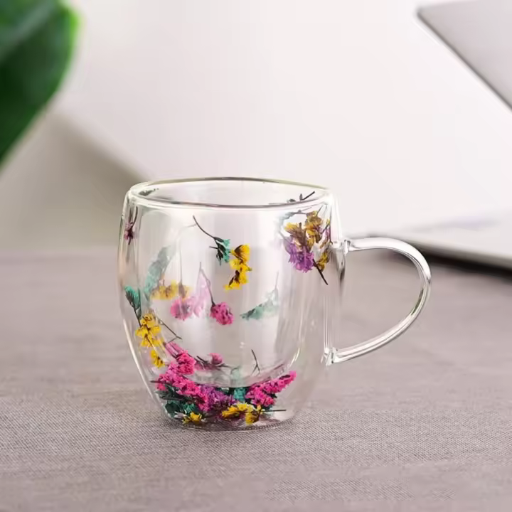 Vaso de relleno de flores secas creativo con asas, taza de café de doble pared, taza resistente al calor - 1