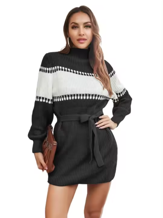 Mini vestido de crochet con lazo para mujer Moda de promoción de cuello alto - 1