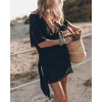 Vestido de lino y algodón de una pieza para mujer, Vestido corto con cuello en V, liso, con cordones, color negro, 2024 - details 10
