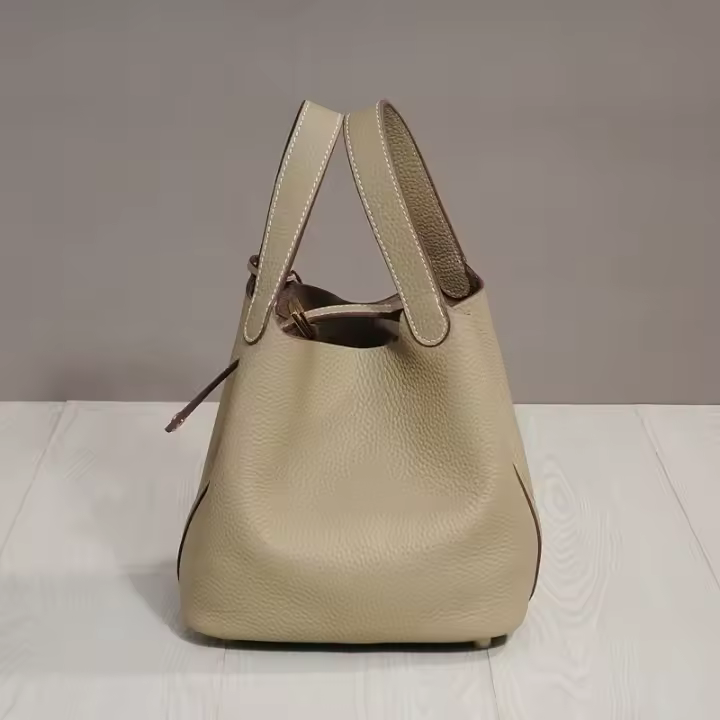 Moda cuero genuino kraft bolsa de almuerzo, bolsa de cubo boca, canasta de comida - 1