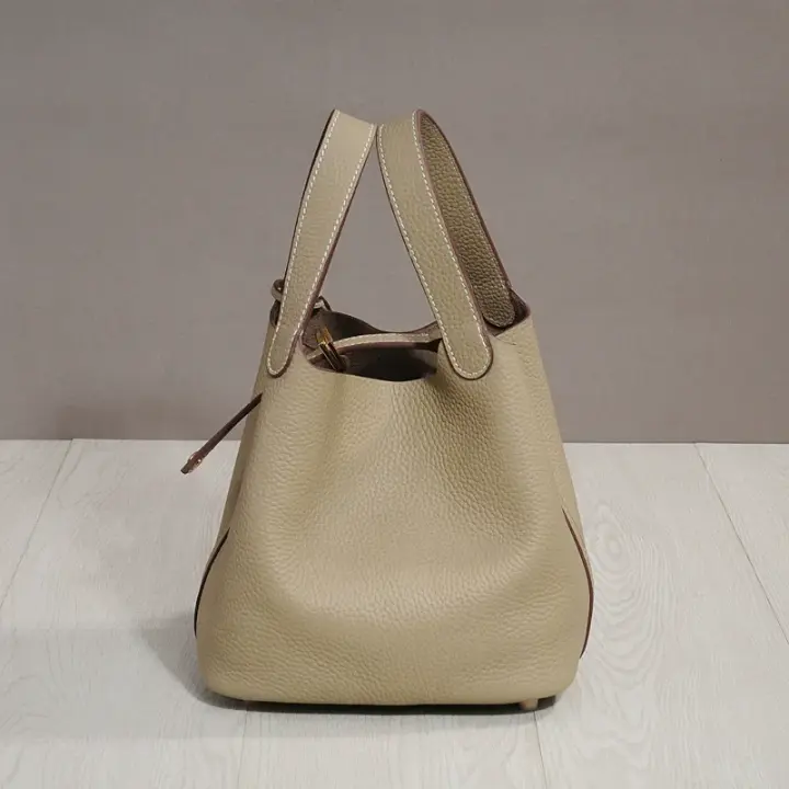 Moda cuero genuino kraft bolsa de almuerzo, bolsa de cubo boca, canasta de comida - 1