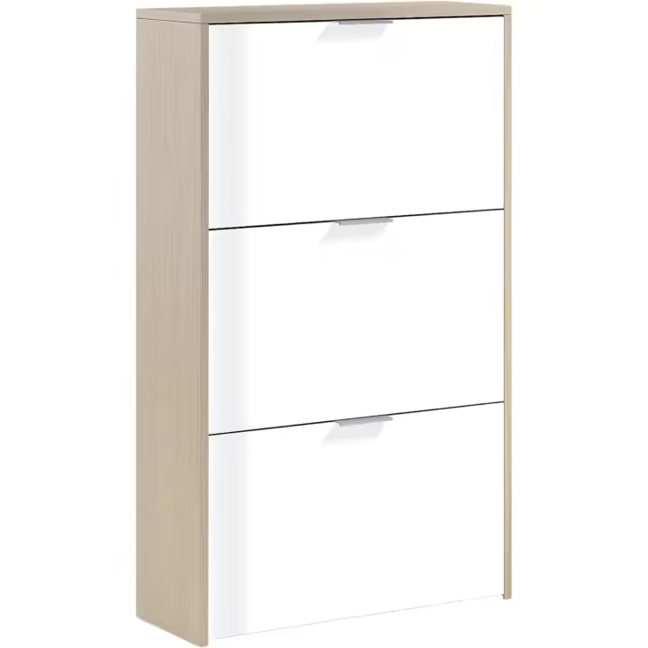 Zapatero 3 Puertas, Zapatero Estrecho, Acabado en Color Blanco Brillo y Roble Canadiense, Medidas: 60 cm (Ancho) x 113 cm (Alto) x 22 cm (Fondo) - 1