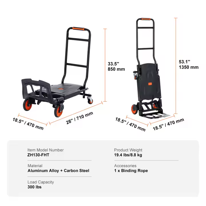 SucceBuy Camión de mano de aluminio, carrito utilitario plegable de alta resistencia, plataforma rodante industrial con ruedas de goma - 1